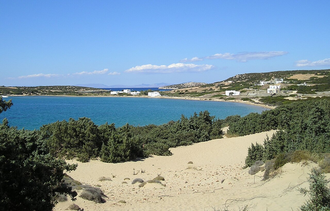 Sand dunes and junipers beside the sea at Laggeri on Paros